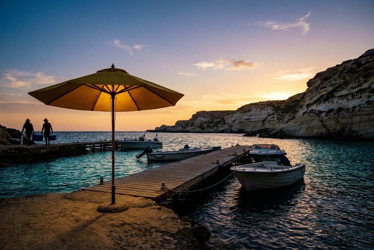 Hondoq Bay at dusk with yellow umbrella on the dock