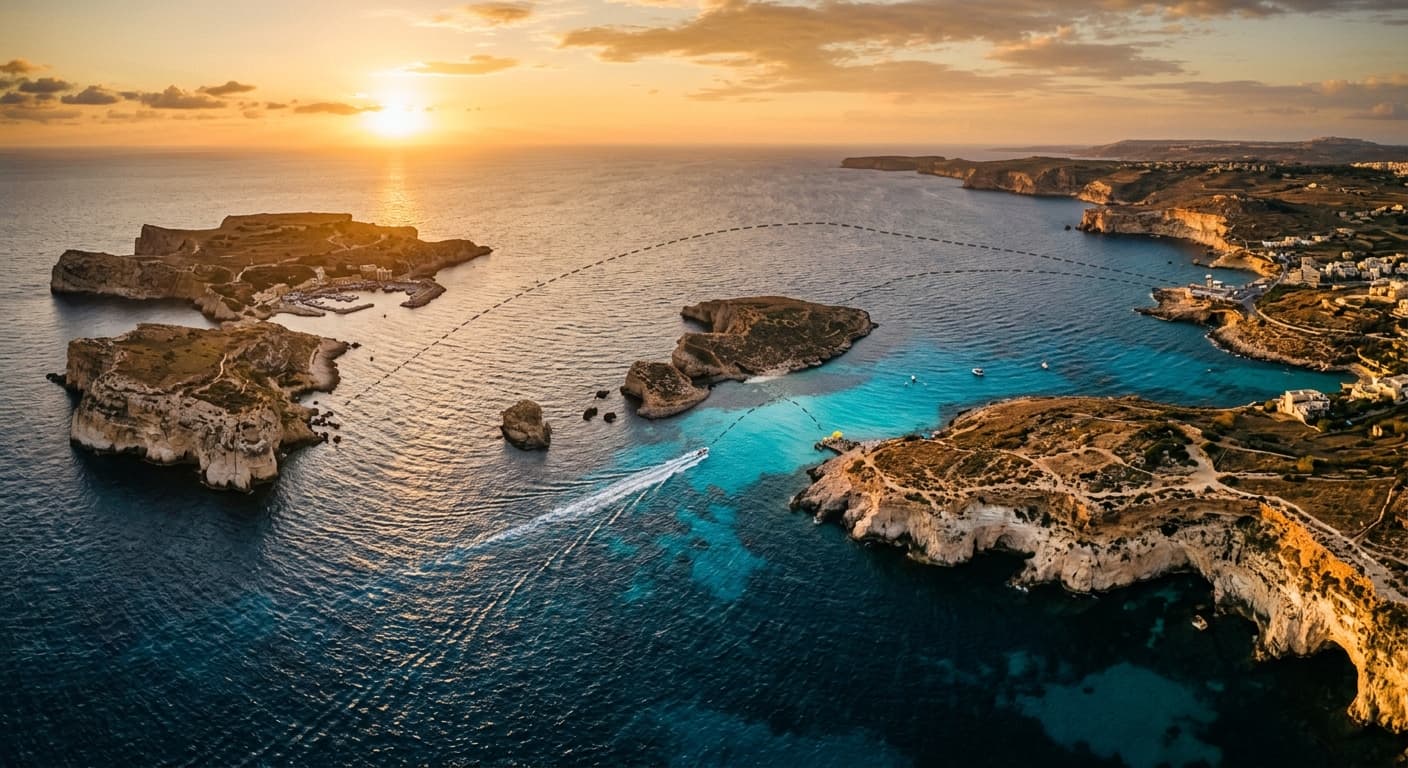 Aerial view of Gozo, Comino and Malta at golden hour
